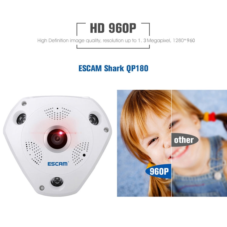 ESCAM Shark QP180 960P 360 Degrees Fisheye Lens 1.3MP WiFi IP Camera, Support Motion Detection / Night Vision, IR Distance: 10m - Security by ESCAM | Online Shopping UK | buy2fix