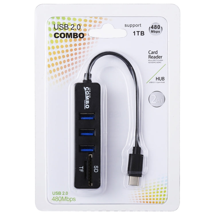 2 in 1 TF & SD Card Reader + 3 x USB Ports to USB-C / Type-C HUB Converter, Total Length: 24cm(Black) - Computer & Networking by buy2fix | Online Shopping UK | buy2fix