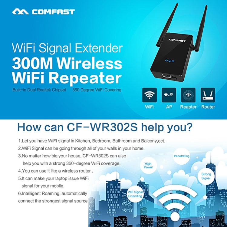 COMFAST CF-WR302S RTL8196E + RTL8192ER Dual Chip WiFi Wireless AP Router 300Mbps Repeater Booster with Dual 5dBi Gain Antenna, Compatible with All Routers with WPS Key - Computer & Networking by COMFAST | Online Shopping UK | buy2fix