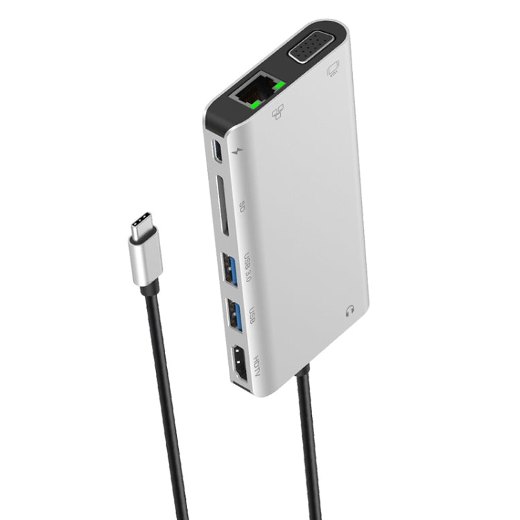 Onten 9591BD 8 in 1 USB-C / Type-C to PD USB-C / Type-C Charging + Gigabit Ethernet + Dual USB 3.0 + HDMI + VGA + SD Card Slot + 3.5mm AUX HUB(Silver) - USB HUB by Onten | Online Shopping UK | buy2fix