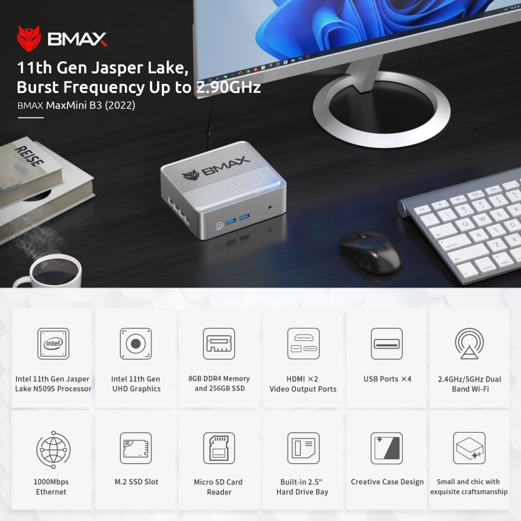 BMAX B3 2022 Windows 11 Mini PC, 8GB+256GB, Intel Jasper Lake N5095, Support HDMI / RJ45 / TF Card, EU Plug(Space Grey) - Windows Mini PCs by BMAX | Online Shopping UK | buy2fix