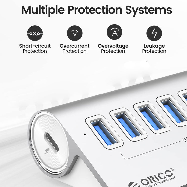 ORICO M3U7-G2 Aluminum Alloy 7-Port USB 3.2 Gen2 10Gbps HUB with 0.5m Cable (Silver) - USB 3.0 HUB by ORICO | Online Shopping UK | buy2fix