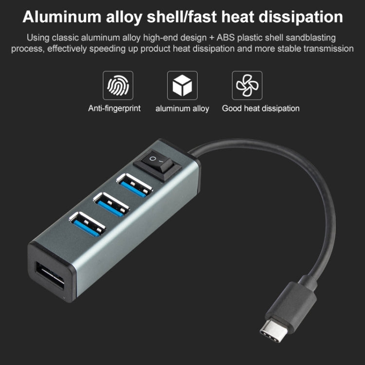 USB-C / Type-C to 4 USB 3.0 Ports Aluminum Alloy HUB with Switch (Grey) - Computer & Networking by buy2fix | Online Shopping UK | buy2fix