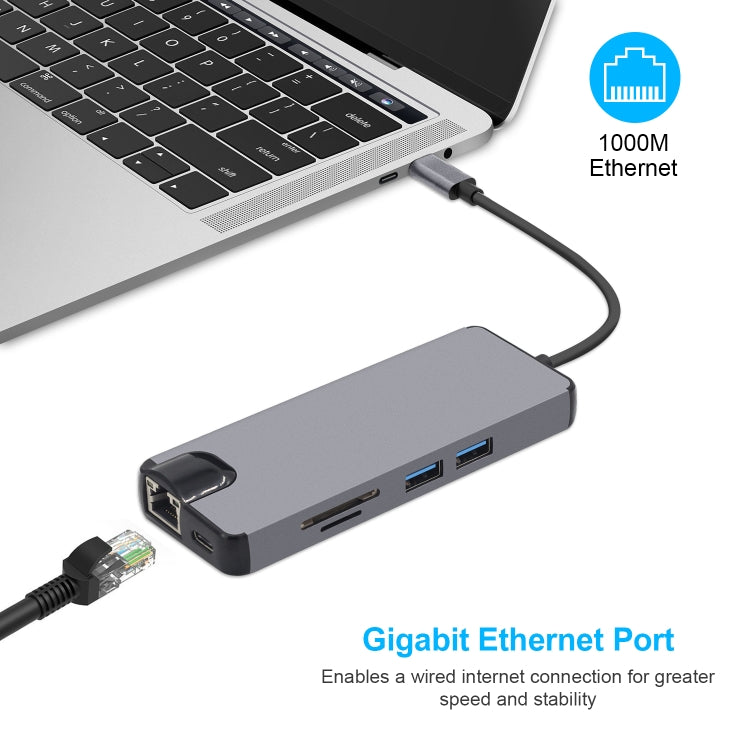 8 in 1 Type-C to HDMI + USB 3.0 + USB 3.0 + Type-C + LAN + VGA + TF/SD Card Reader Adapter(Grey) - Computer & Networking by buy2fix | Online Shopping UK | buy2fix