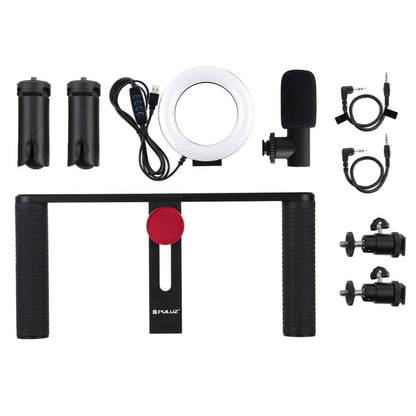 PULUZ 4 in 1 Vlogging Live Broadcast 4.7 inch 12cm Ring LED Selfie Light Smartphone Video Rig Handle Stabilizer Aluminum Bracket Kits with Microphone + Tripod Mount + Cold Shoe Tripod Head - Camera Accessories by PULUZ | Online Shopping UK | buy2fix