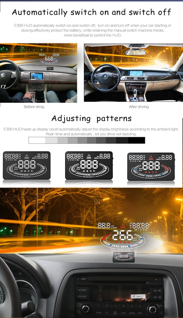 E300 5.5 inch Car OBDII / EUOBD HUD Vehicle-mounted Head Up Display Security System, Support Speed & Fuel Consumption, Overspeed Alarm,  Fuel Consumption, Water Temperature, etc.(Black) - Head Up Display System by buy2fix | Online Shopping UK | buy2fix