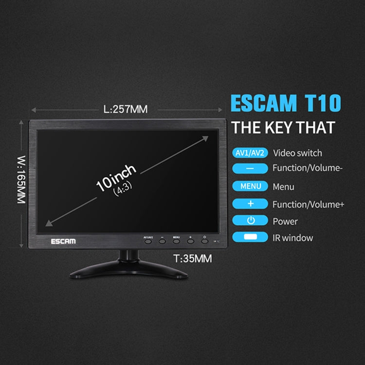 ESCAM T10 10.0 inch TFT LCD 1024x600 Monitor with VGA & HDMI & AV & BNC & USB for PC CCTV Security - Consumer Electronics by ESCAM | Online Shopping UK | buy2fix