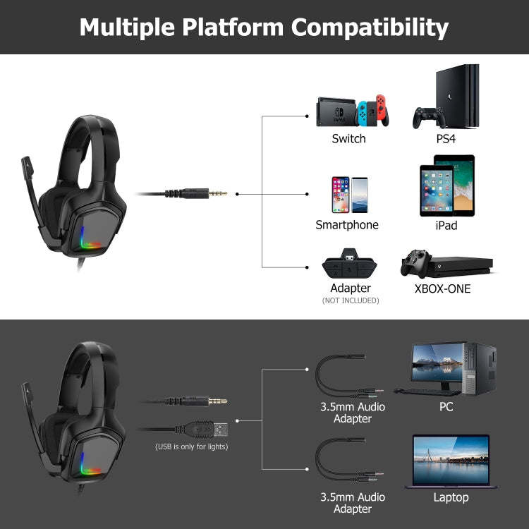 ONIKUMA K20 PS4 Headset Stereo Gaming Headset with Microphone/LED Light for XBox One/Laptop Tablet -  by ONIKUMA | Online Shopping UK | buy2fix