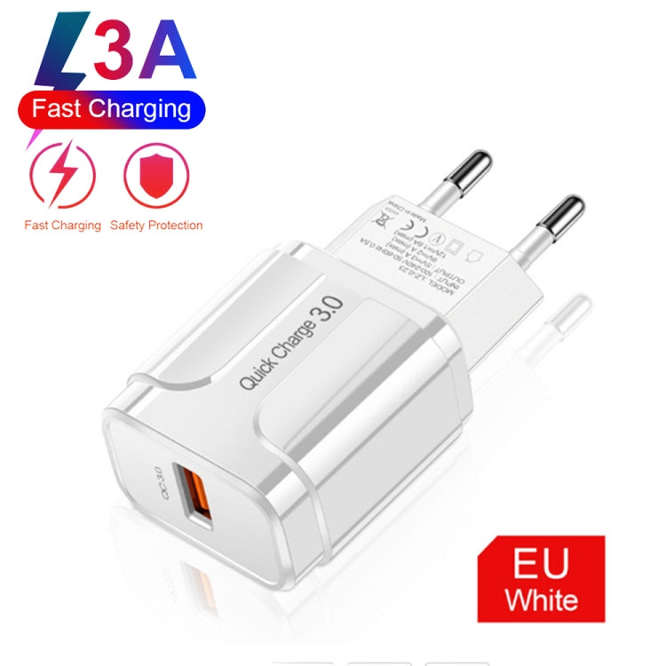 LZ-023 18W QC 3.0 USB Portable Travel Charger + 3A USB to Type-C Data Cable, EU Plug(White) - Mobile Accessories by buy2fix | Online Shopping UK | buy2fix