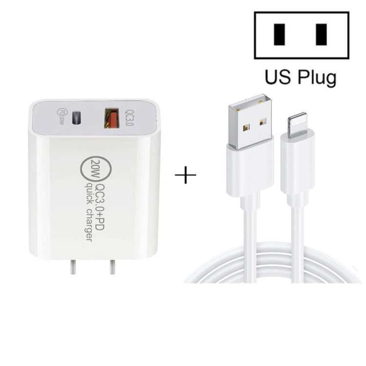 20W PD Type-C + QC 3.0 USB Interface Fast Charging Travel Charger with USB to 8 Pin Fast Charge Data Cable US Plug - Apple Accessories by buy2fix | Online Shopping UK | buy2fix