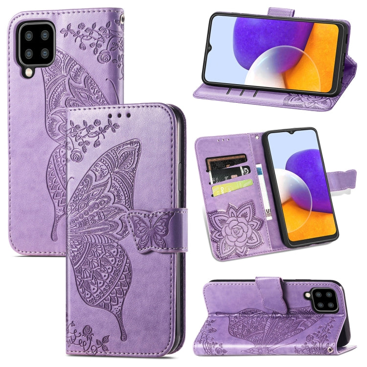 For Samsung Galaxy A22 5G Butterfly Love Flowers Embossed Horizontal Flip Leather Case with Holder & Card Slots & Wallet & Lanyard(Light Purple) - Samsung Accessories by buy2fix | Online Shopping UK | buy2fix