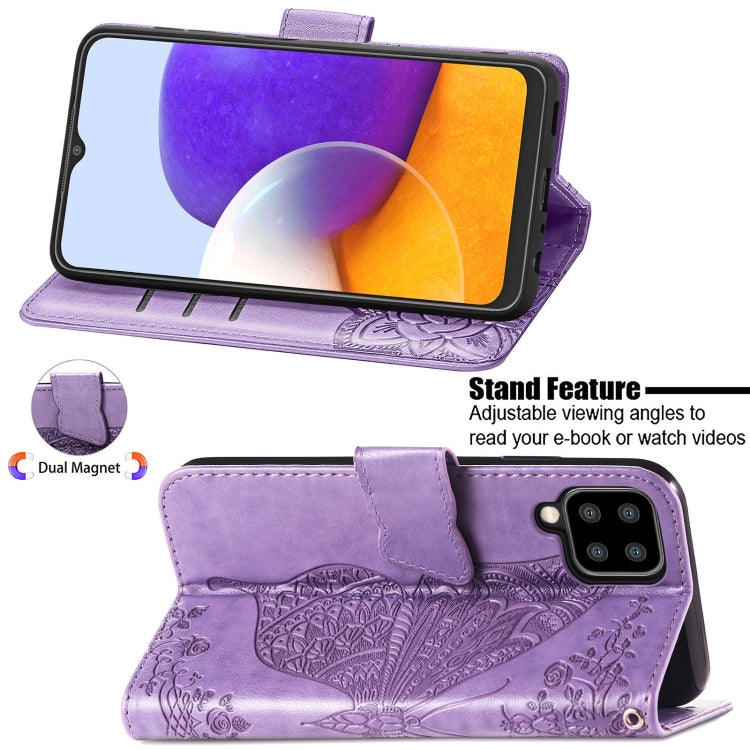 For Samsung Galaxy A22 5G Butterfly Love Flowers Embossed Horizontal Flip Leather Case with Holder & Card Slots & Wallet & Lanyard(Light Purple) - Samsung Accessories by buy2fix | Online Shopping UK | buy2fix