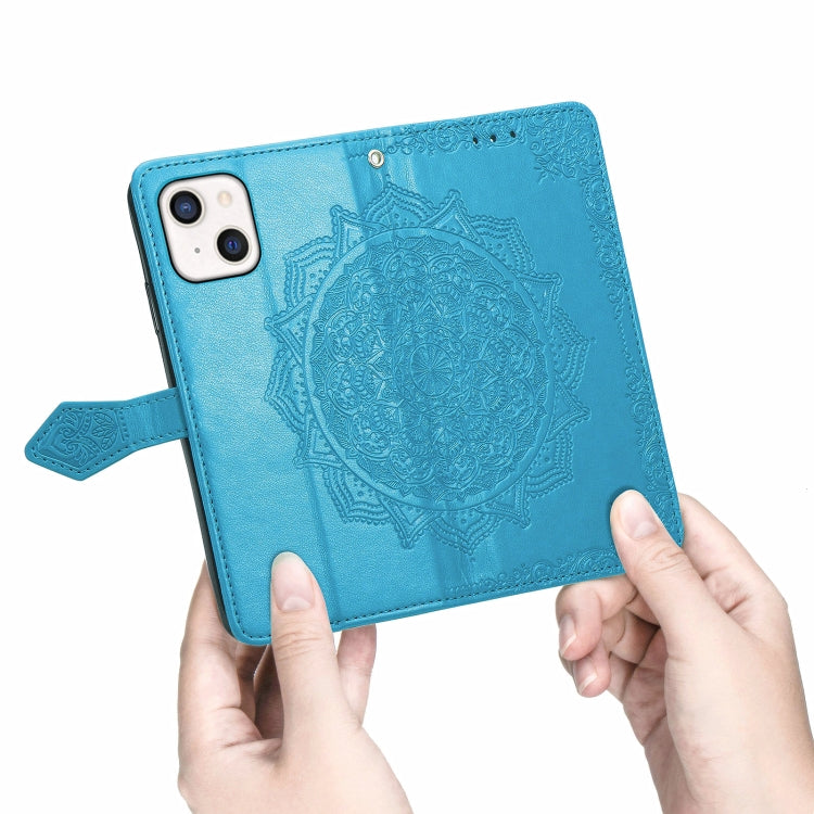 For iPhone 13 Mandala Flower Embossed Horizontal Flip Leather Case with Holder & Three Card Slots & Wallet & Lanyard (Blue) - Apple Accessories by buy2fix | Online Shopping UK | buy2fix