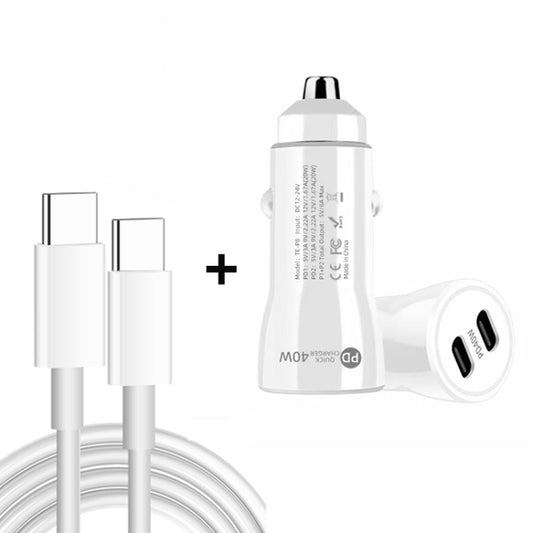 TE-P8 40W PD20W + PD20W Dual Port PD3.0 Car Charger with Type-c to Type-C Data Cable, Length: 1m(White) - In Car by buy2fix | Online Shopping UK | buy2fix