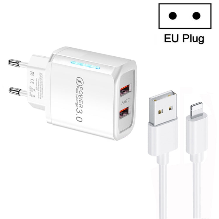 36W Dual Port QC3.0 USB Charger with 3A USB to 8 Pin Data Cable, EU Plug(White) - Apple Accessories by buy2fix | Online Shopping UK | buy2fix