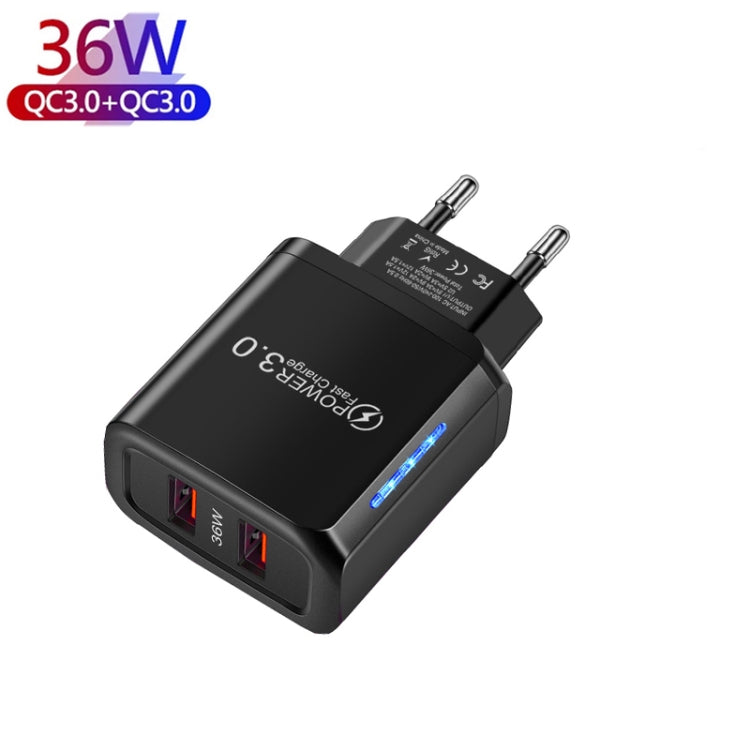 36W Dual Port QC3.0 USB Charger with 3A USB to Type-C Data Cable , EU Plug(Black) - Mobile Accessories by buy2fix | Online Shopping UK | buy2fix