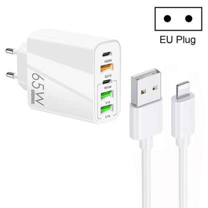 65W Dual PD Type-C + 3 x USB Multi Port Charger with 3A USB to 8 Pin Data Cable, EU Plug(White) - USB Charger by buy2fix | Online Shopping UK | buy2fix