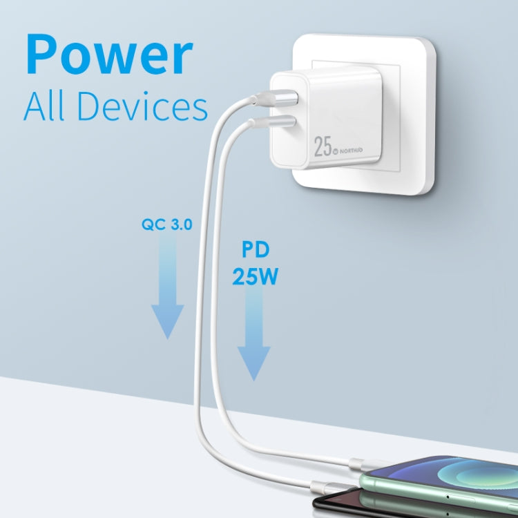 NORTHJO NOPD2502 PD 25W USB-C/Type-C + QC 3.0 USB Dual Ports Fast Charger, Plug Type:AU Plug(White) - USB Charger by NORTHJO | Online Shopping UK | buy2fix