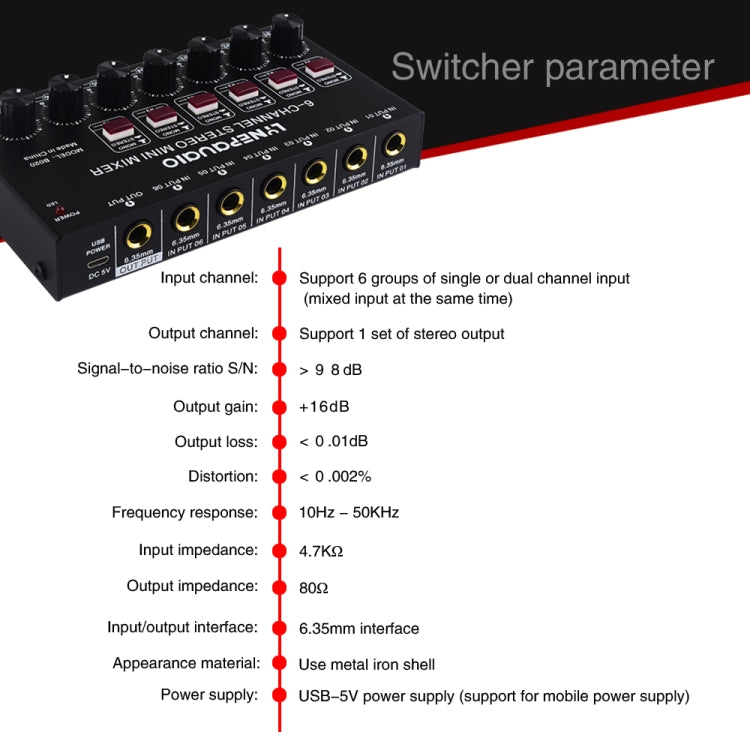 B020 Mini 6-Channel Stereo Audio Mixer Musical Instrument Mixer Electric Wind Electric Guitar Electronic Piano Drums Mixer - Consumer Electronics by buy2fix | Online Shopping UK | buy2fix