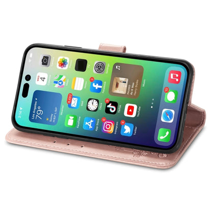 For iPhone 15 Four-leaf Clasp Embossed Buckle Leather Phone Case(Rose Gold) - iPhone 15 Cases by buy2fix | Online Shopping UK | buy2fix