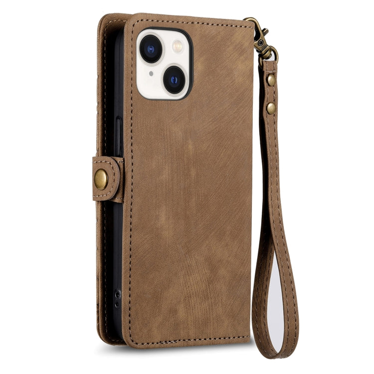 For iPhone 15 Plus Geometric Zipper Wallet Side Buckle Leather Phone Case(Brown) - iPhone 15 Plus Cases by buy2fix | Online Shopping UK | buy2fix