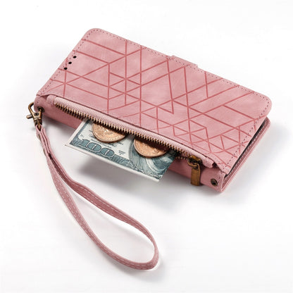 For iPhone 15 Plus Geometric Zipper Wallet Side Buckle Leather Phone Case(Pink) - iPhone 15 Plus Cases by buy2fix | Online Shopping UK | buy2fix