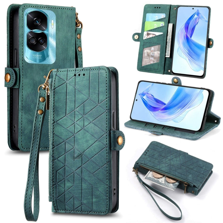 For Honor 90 Lite / X50i Geometric Zipper Wallet Side Buckle Leather Phone Case(Green) - Honor Cases by buy2fix | Online Shopping UK | buy2fix