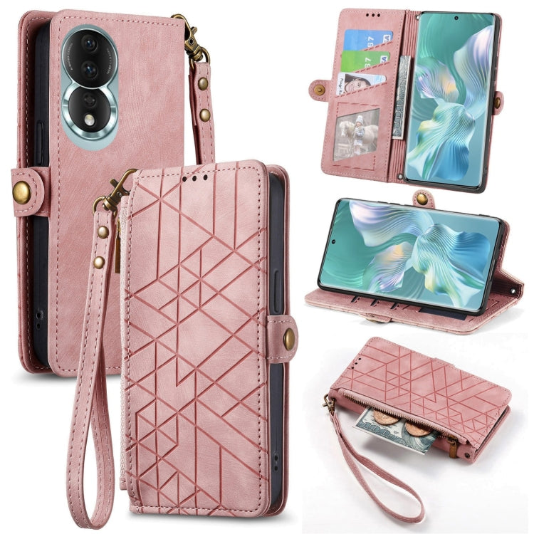 For Honor 80 Geometric Zipper Wallet Side Buckle Leather Phone Case(Pink) - Honor Cases by buy2fix | Online Shopping UK | buy2fix