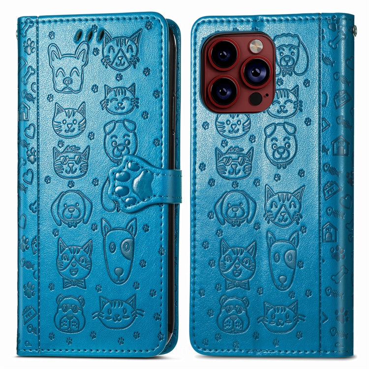 For iPhone 15 Pro Max Cat and Dog Embossed Leather Phone Case(Blue) - iPhone 15 Pro Max Cases by buy2fix | Online Shopping UK | buy2fix