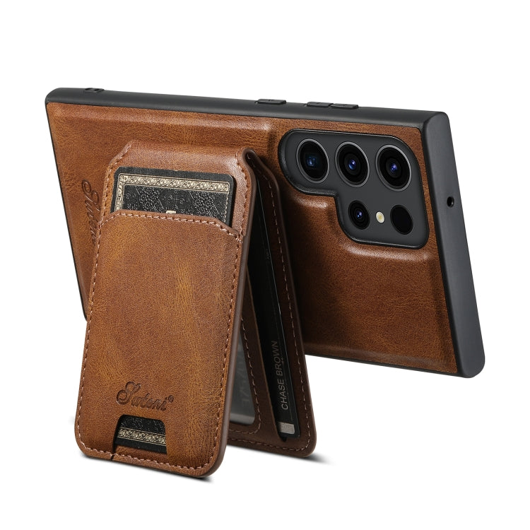 For Samsung Galaxy S22 Ultra 5G Suteni H15 MagSafe Oil Eax Leather Detachable Wallet Back Phone Case(Brown) - Galaxy S22 Ultra 5G Cases by Suteni | Online Shopping UK | buy2fix