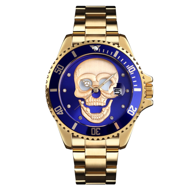 SKMEI 9195 Fashion Water-inlaid Drill Skull Nightlight Waterproof Quartz Watch Steel Strip Watch for Men(Golden Blue) - Other Watches by SKMEI | Online Shopping UK | buy2fix