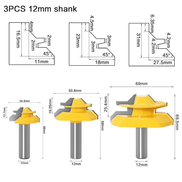 Woodworking Engraving Machine Milling Cutter 45 Degree Jointing Knife, Model: 12mm Handle 3PCS/Set - Others by buy2fix | Online Shopping UK | buy2fix