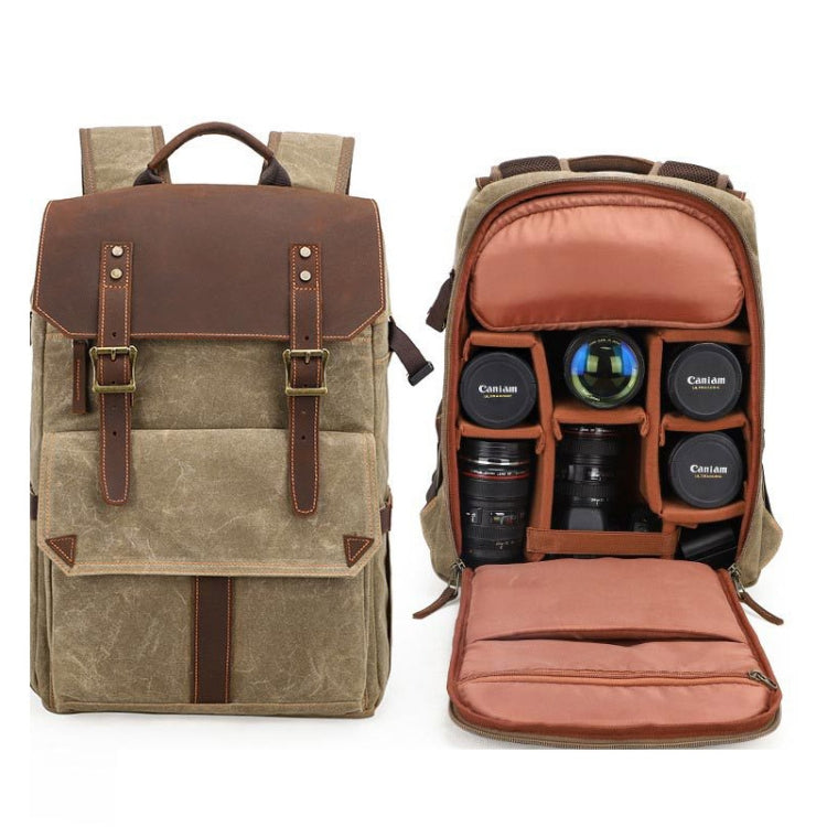 K-011 Outdoor Shoulder Digital Camera Bag Batik Canvas Waterproof Large-Capacity Photography Backpack(Khaki) - Camera Accessories by buy2fix | Online Shopping UK | buy2fix