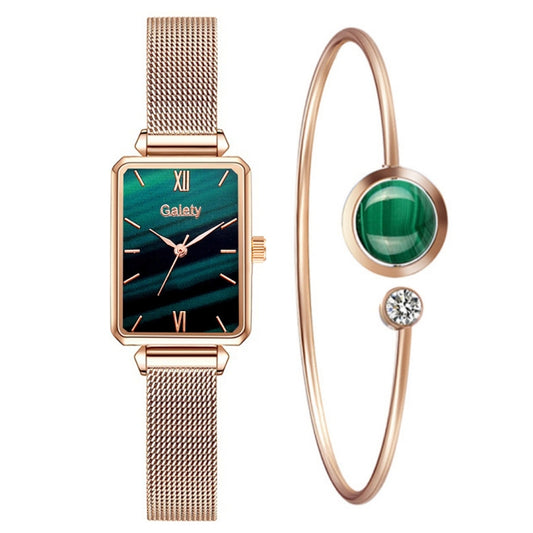 GAIETY G690 Retractable Magnet Buckle Ladies Mesh Belt Small Square Dial Bracelet Watch(Rose Gold Green Dial + H138) - Bracelet Watches by GAIETY | Online Shopping UK | buy2fix