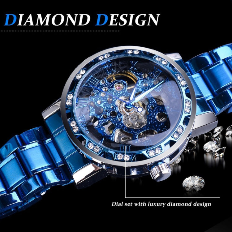 Winner Leisure Skeleton Diamond Luminous Pointer Watch Men Manual Mechanical Watch(Silver Belt Silver Shell Gold Face) - Metal Strap Watches by Winner | Online Shopping UK | buy2fix