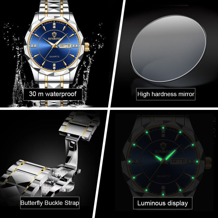 BINBOND B5552 Luminous Multifunctional Business Calendar Quartz Watch(Black Steel-Black-White) - Metal Strap Watches by BINBOND | Online Shopping UK | buy2fix