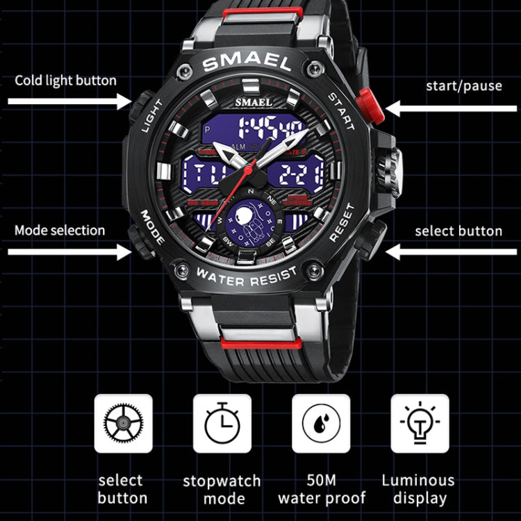 SMAEL 8069 Outdoor Multifunctional Waterproof Sports Alloy Luminous Watch(Black Silver) - LED Digital Watches by SMAEL | Online Shopping UK | buy2fix