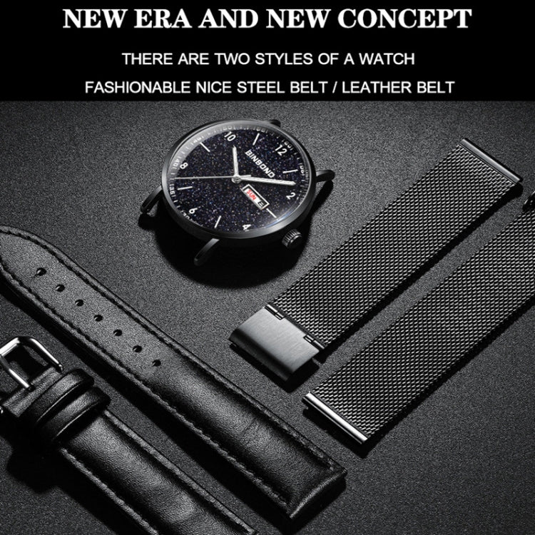 BINBOND B3820 30M Waterproof Ultra-thin Quartz Luminous Starry Watch, Color: Black Leather-Black-Starry - Metal Strap Watches by BINBOND | Online Shopping UK | buy2fix