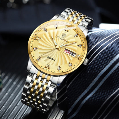 BINBOND B3034 Diamond 30m Waterproof Business Watch Men's Butterfly Buckle Luminous Quartz Watch(Inter-gold-Gold) - Metal Strap Watches by BINBOND | Online Shopping UK | buy2fix