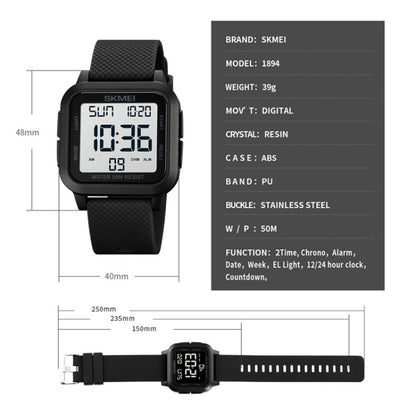 SKMEI 1894 Square Sports Waterproof Student Simple Multifunctional Luminous Watch(Black Black Machine) - Sport Watches by SKMEI | Online Shopping UK | buy2fix