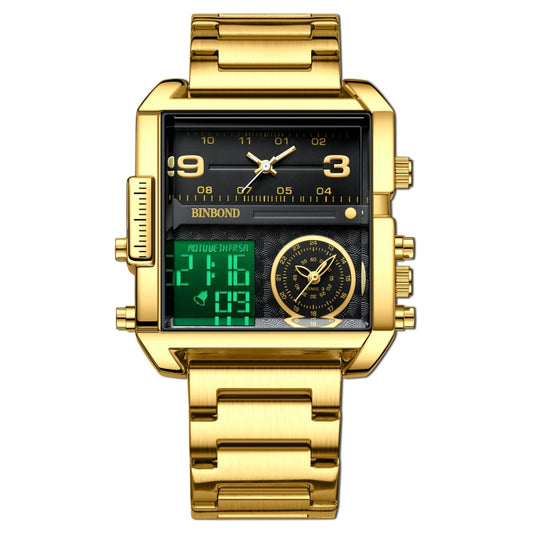 BINBOND B3332 Square Multifunctional Sports Quartz Waterproof Watch(Full-gold-Black) - Metal Strap Watches by BINBOND | Online Shopping UK | buy2fix