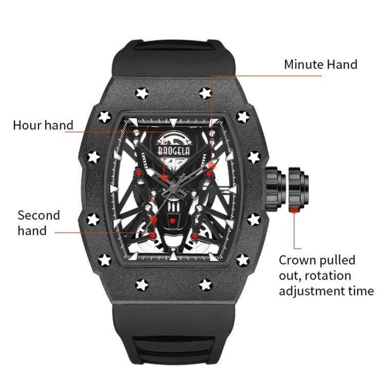 BAOGELA 224145 Barrel Skeleton Waterproof Sports Stainless Steel Silicone Men Watch(Steel Shell Black Belt) - Silicone Strap Watches by BAOGELA | Online Shopping UK | buy2fix