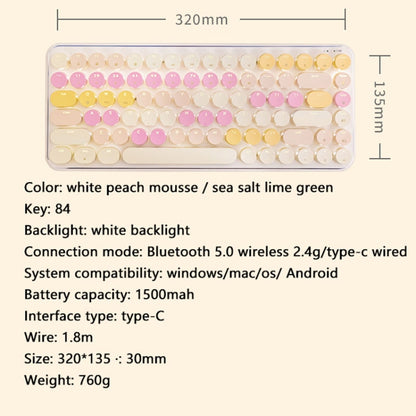 Ajazz K840T 84-Key Wireless/Bluetooth/Wired Three-Mode Round Key Punk Keycap Mechanical Keyboard Red Shaft (White Peach Mousse) - Wireless Keyboard by Ajazz | Online Shopping UK | buy2fix