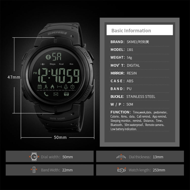 SKMEI 1301 Multifunction 50m Waterproof Sports Bluetooth Smart Watch, Compatible with Android & iOS System(Army Green) - Sport Watches by SKMEI | Online Shopping UK | buy2fix